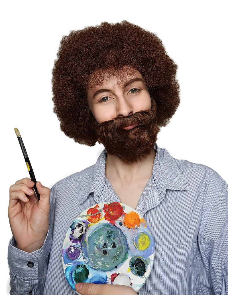 ALLAURA Compatible with Painter Ross Wig 80s Curly Brown Afro Wig Beard Set for Men Women Realistic NonItchy Costume Hairpiece for Halloween Art Teacher Cosplay Retro Funny Party Outfits
