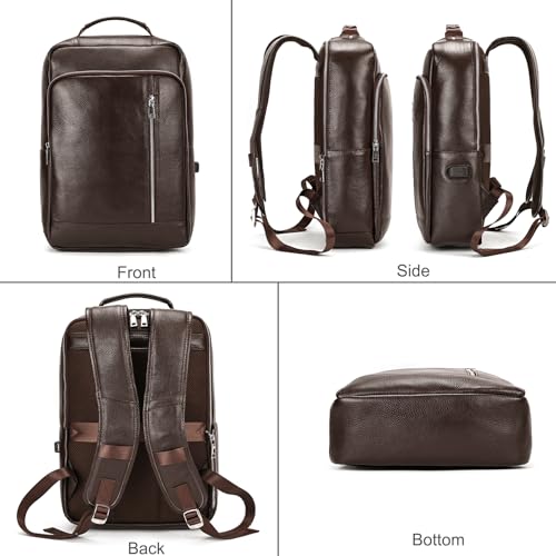 LUUFAN Genuine Leather Backpack Men Casual Daypack 15.6 Inch Laptop Rucksack Business Travel Outdoor Shoulder Bag with Trolley Sleeve (Coffee) - Image 3