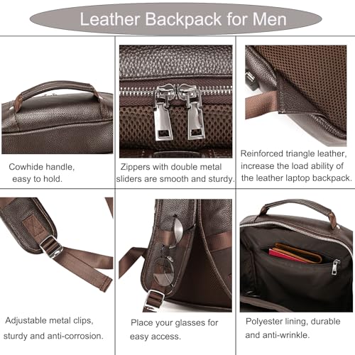LUUFAN Genuine Leather Backpack Men Casual Daypack 15.6 Inch Laptop Rucksack Business Travel Outdoor Shoulder Bag with Trolley Sleeve (Coffee) - Image 4