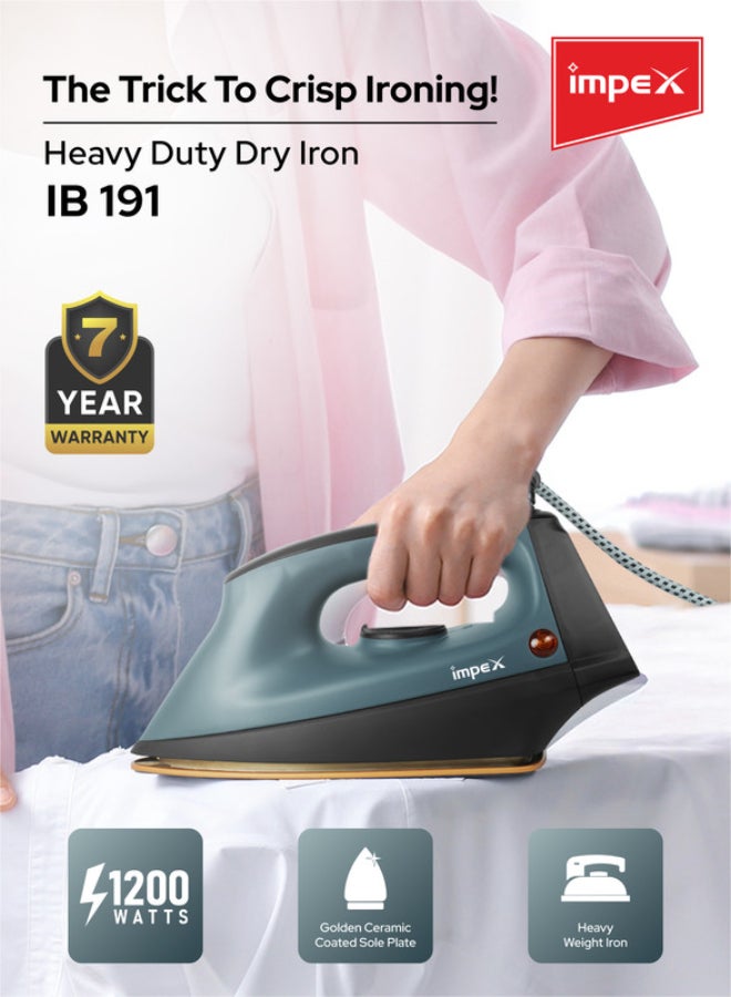 Impex Heavy Duty Dry Iron With Non-Stick Ceramic Sole Plate 1200W Power Long Life Thermostat Overheat Protection 1200 W IB 191 Multicolour - Image 3