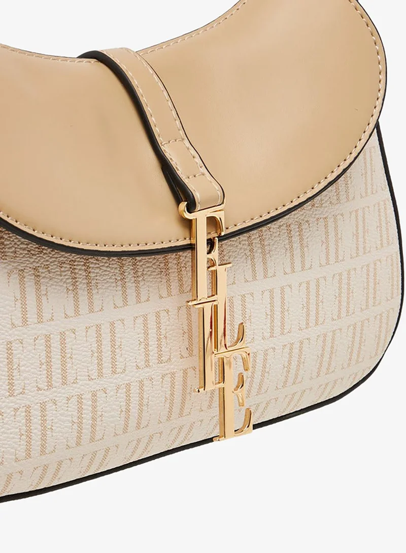 ELLE BEIGE Monogram Print Crossbody Bag with Adjustable Strap and Flap Closure for Women | Best Price UAE