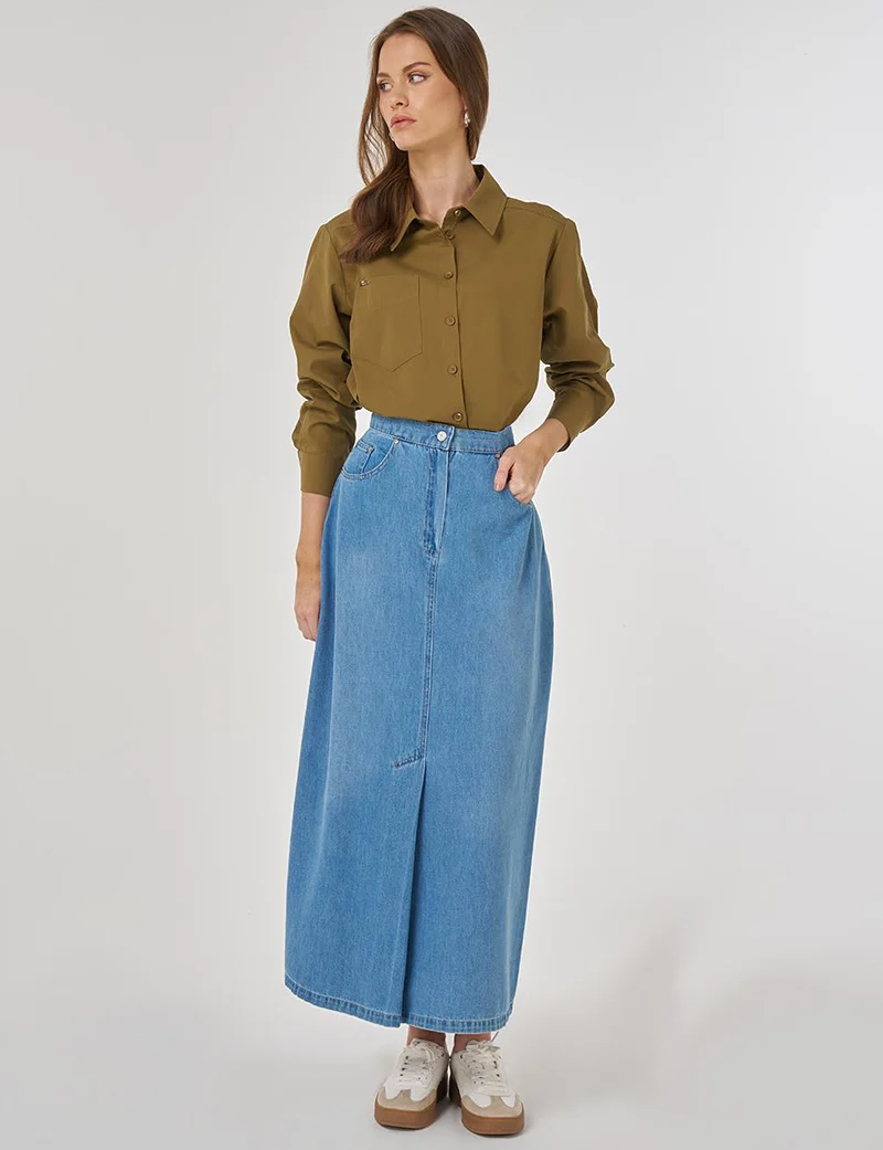 Kayra High-Waisted Denim Skirt in Blue