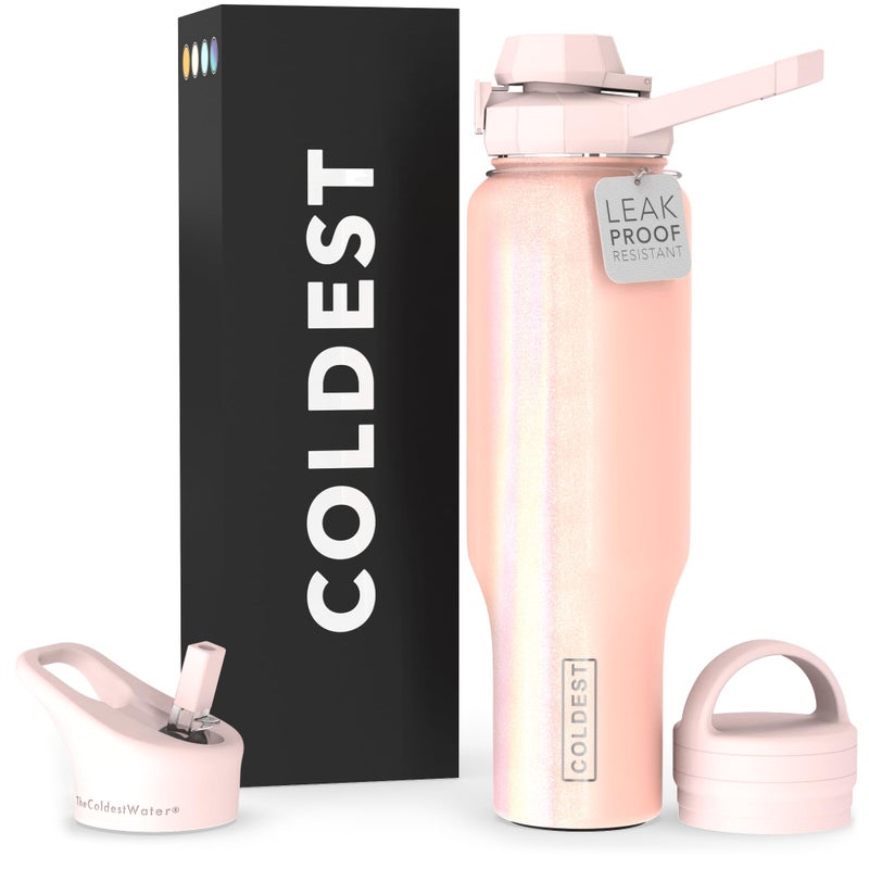 Coldest Sports Water Bottle  3 in 1 Lids Chug Straw Handle  Insulated Stainless Steel Tumbler with Handle  Vacuum Water Flask Cup Valentines Gifts for Him Her 46 oz Forever Pink Glitter