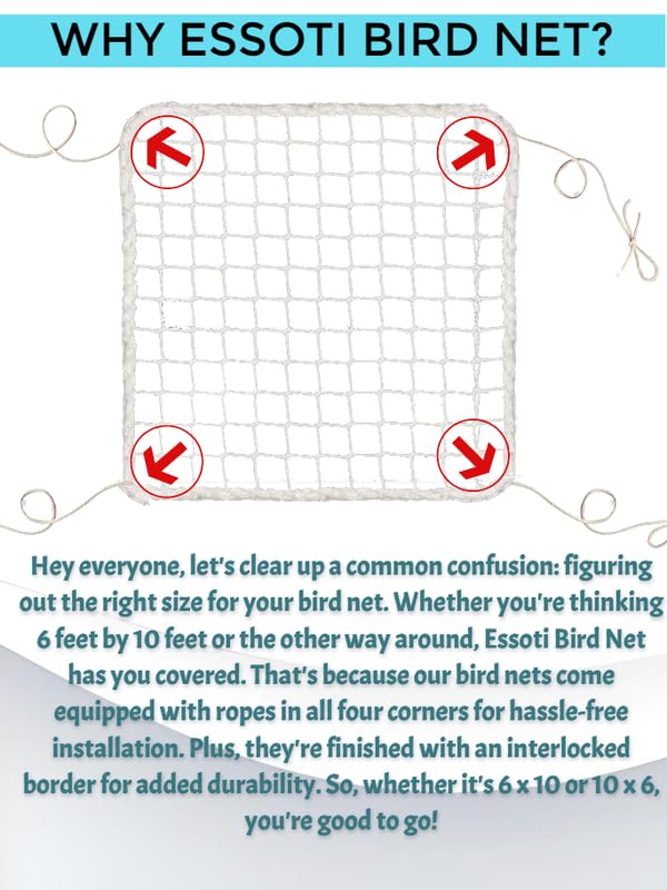 Essoti UV Stabilized Anti Bird Net Pigeon Net (9 X 13ft)-25mm Hole Size with Attached Corner Ropes & Installation Kit/Size- (9 X 13 FT), White - Image 3