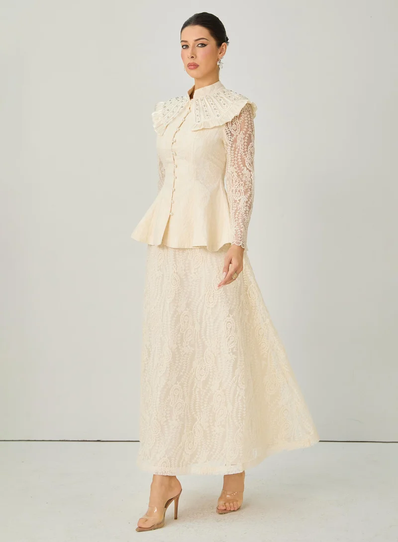 سنفير All My Adoration Beige Embroidered Lace Sheer Sleeve Top & Skirt Set