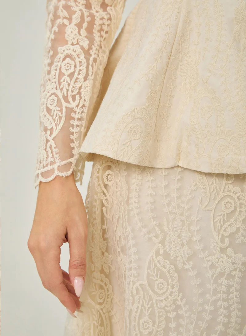Sunfere  All My Adoration Beige Embroidered Lace Sheer Sleeve Top & Skirt Set for Women | Best Price UAE
