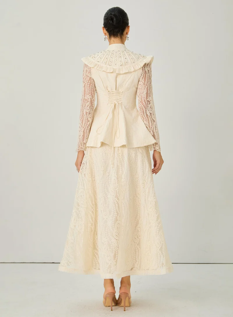 Sunfere  All My Adoration Beige Embroidered Lace Sheer Sleeve Top & Skirt Set for Women | Best Price UAE