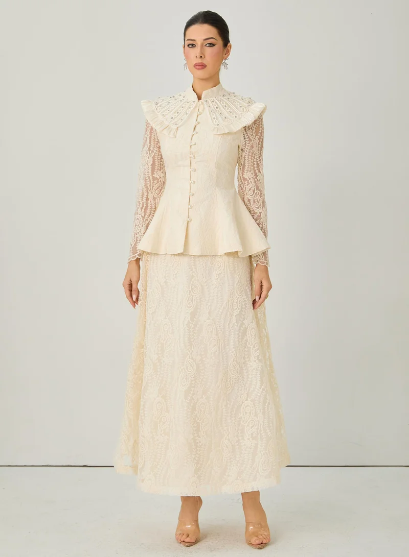 سنفير All My Adoration Beige Embroidered Lace Sheer Sleeve Top & Skirt Set