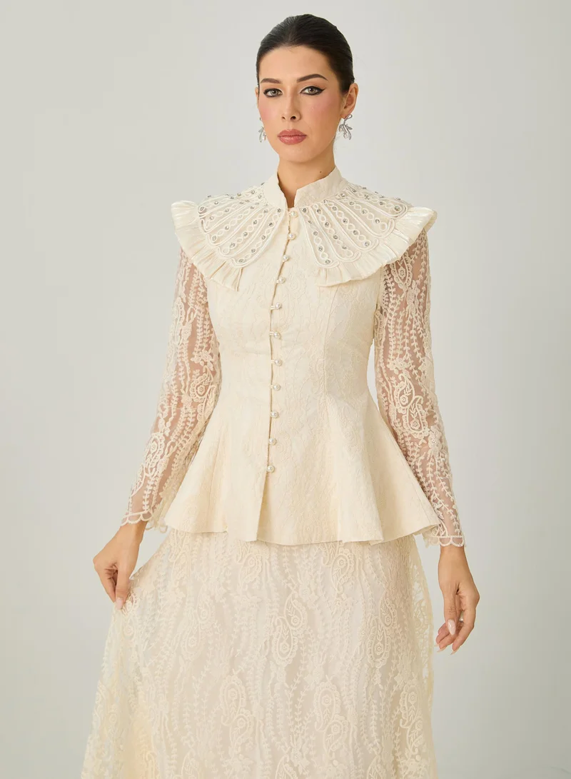 Sunfere  All My Adoration Beige Embroidered Lace Sheer Sleeve Top & Skirt Set for Women | Best Price UAE