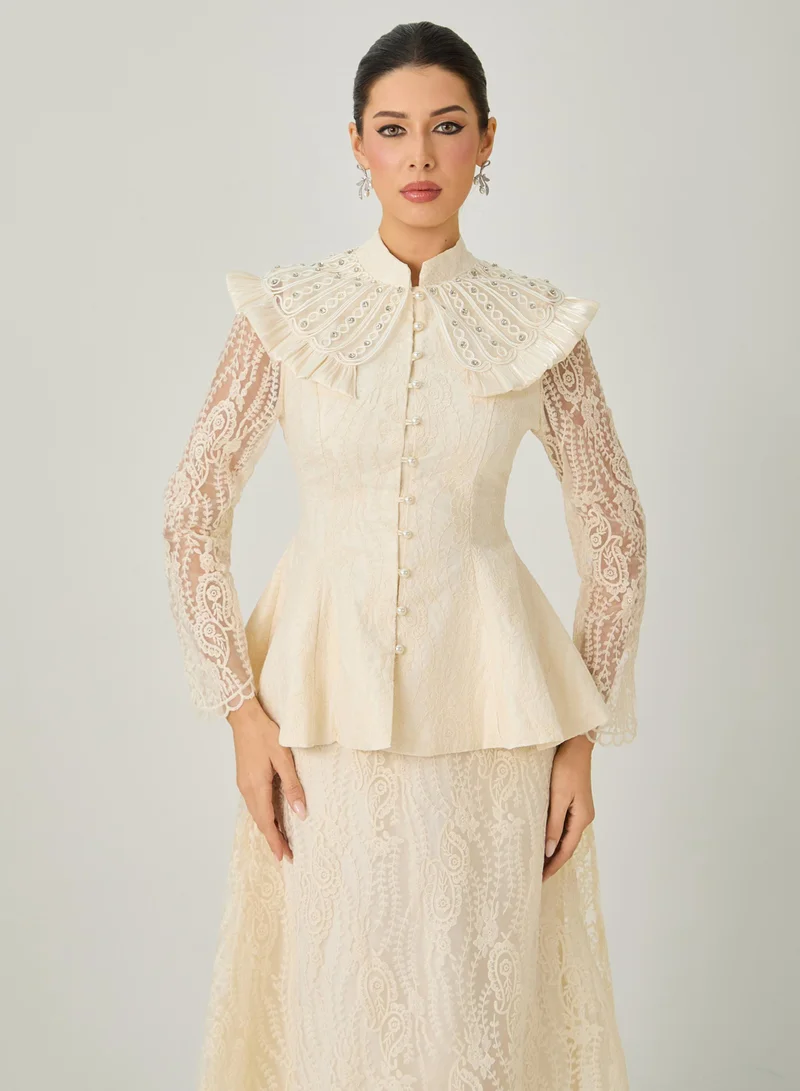 Sunfere  All My Adoration Beige Embroidered Lace Sheer Sleeve Top & Skirt Set for Women | Best Price UAE