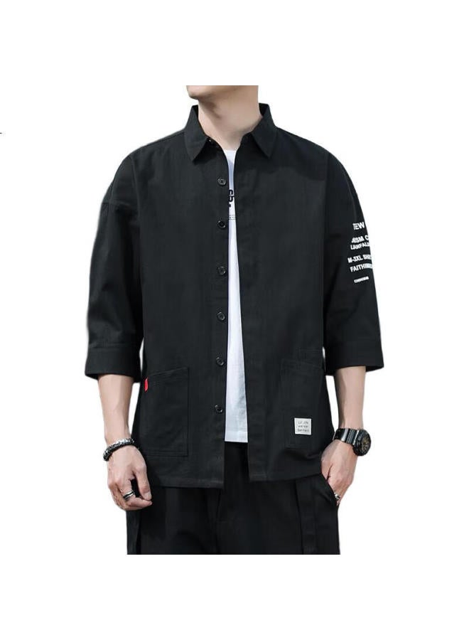 PLAYBOY Men'S Summer Shirt Men'S Jacket Casual Seven-Point Sleeve Men'S Short-Sleeved Loose Shirt Black Xl - Image 1