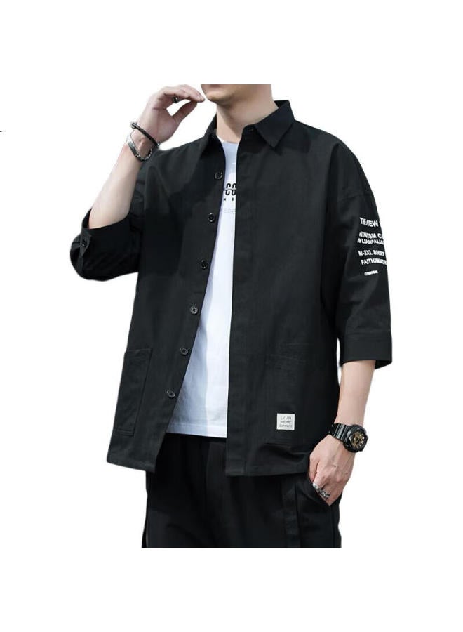 PLAYBOY Men'S Summer Shirt Men'S Jacket Casual Seven-Point Sleeve Men'S Short-Sleeved Loose Shirt Black Xl - Image 2