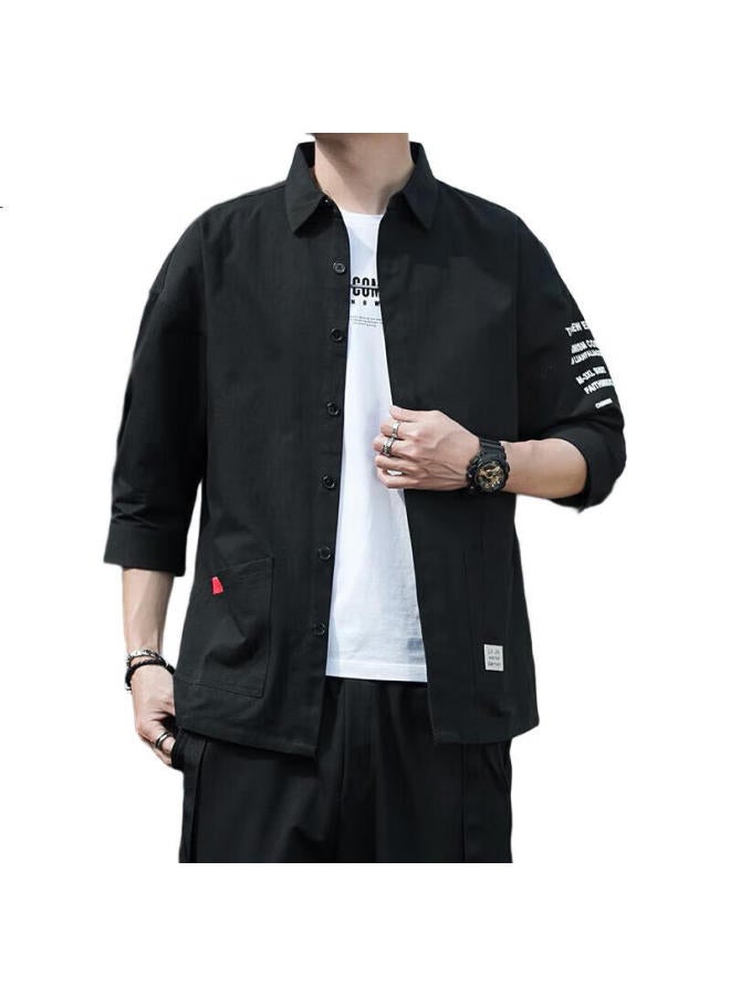 PLAYBOY Men'S Summer Shirt Men'S Jacket Casual Seven-Point Sleeve Men'S Short-Sleeved Loose Shirt Black Xl - Image 3