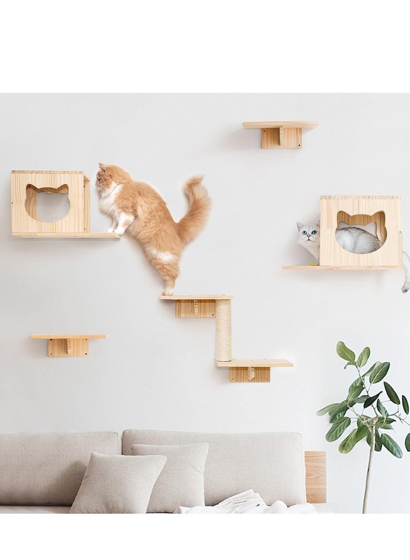 Generic Cat Wall Furniture, Shelves, Floating Wood Climb Wall-Mounted Playing Climber, 2 Houses & 4 Shelves Ladders 1 Scratching Post  - Image 2