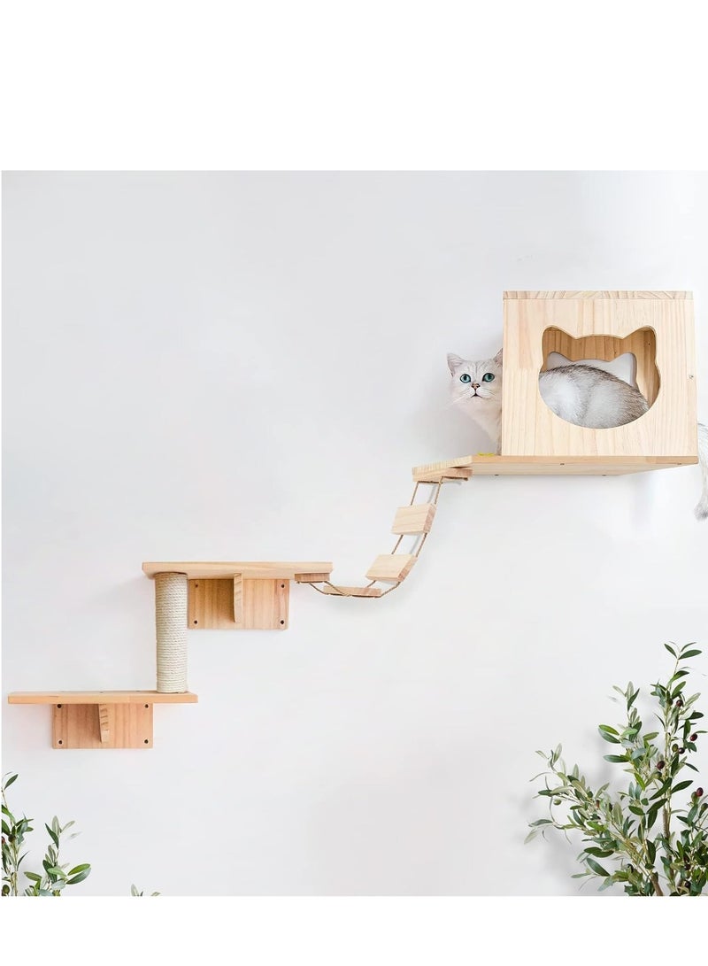 Generic Cat Wall Furniture, Shelves, Floating Wood Climb Wall-Mounted Playing Climber, 2 Houses & 4 Shelves Ladders 1 Scratching Post  - Image 3