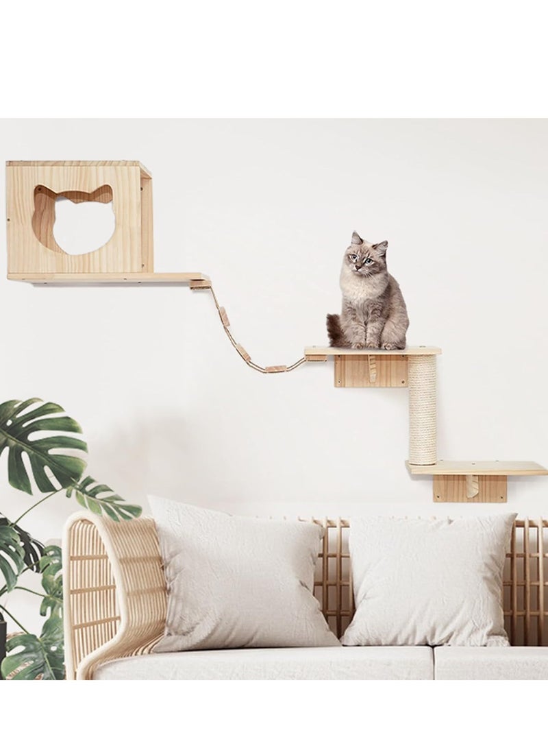 Generic Cat Wall Furniture, Shelves, Floating Wood Climb Wall-Mounted Playing Climber, 2 Houses & 4 Shelves Ladders 1 Scratching Post  - Image 4