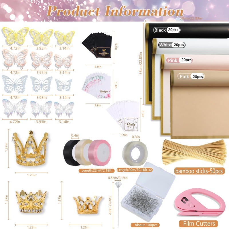 Majreey Floral Wrapping Paper Kit, 80Sheet Waterproof Floral Paper, 3Rolls Ribbon for Flower Bouquet, 2Rolls Transparent Tape,100Pcs Flower Pins, 48Pcs 3D Butterflies, 9Pcs Crowns for Florist Wrapping - Image 2
