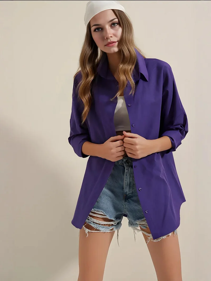 BDART Oversized Patterned Poplin Shirt With Button Closure
