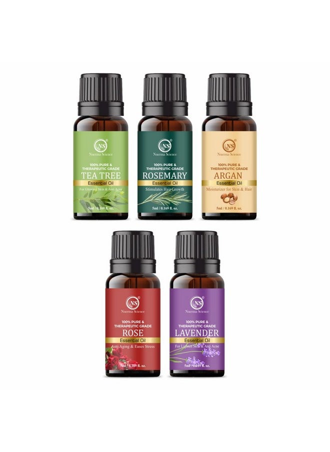 Nuerma Science Tea Tree, Rosemary, Argan, Rose, Lavender Essential Oils - Set Of 5 | 100% Pure & Natural Essential Oil For Hair Growth, Skin Care | Suitable For All Hair & Skin Types - 5X5Ml  - Image 1