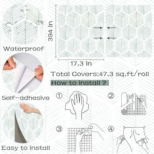 OSECAGE Modern Peel and Stick Wallpaper 17.3''×393'' Geometric Wallpaper Boho Contact Paper Green and White Self-Adhesive Wall Paper Removable Decorative Wallpapers for Bedroom Bathroom Cabinets Decor Vinyl - Image 3