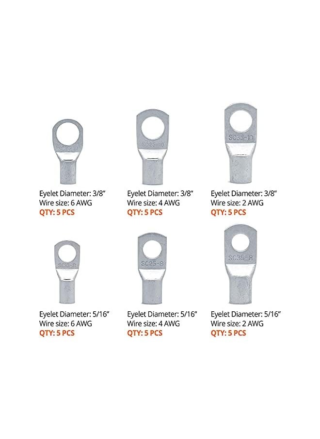PROMASS promass Heavy Duty Tinned Copper Wire Lugs - Battery Cable Ends - Crimp Wire Connectors -Tinned Copper Eyelets, Tubular Ring Terminals - 6-2 AWG 30 PCS  - Image 2