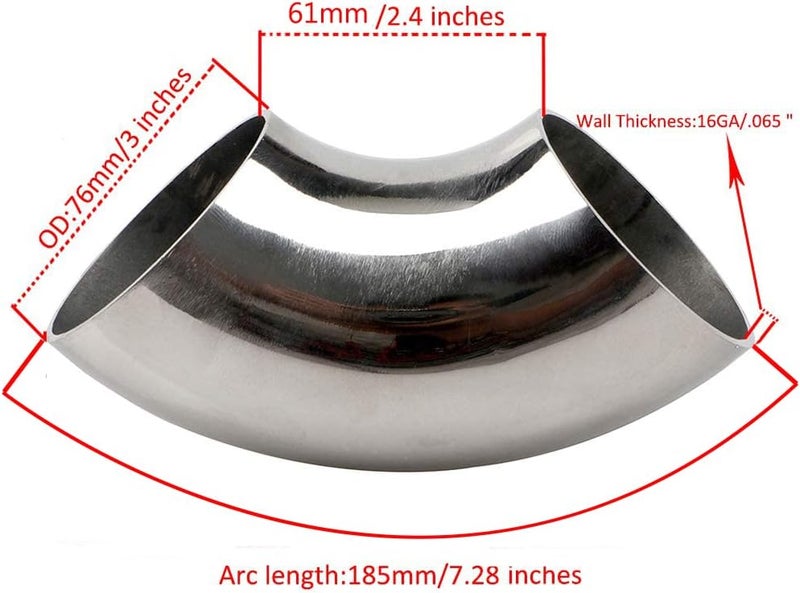 KOTVTM Stainless Steel Elbow 3" 90° Mandrel Bend Elbow-Thickness 16GA/.065" Wall - SS304 Stainless Elbow Suitable for Car Modified Exhaust Elbow Pipe, Stair Handrail,etc - Image 2
