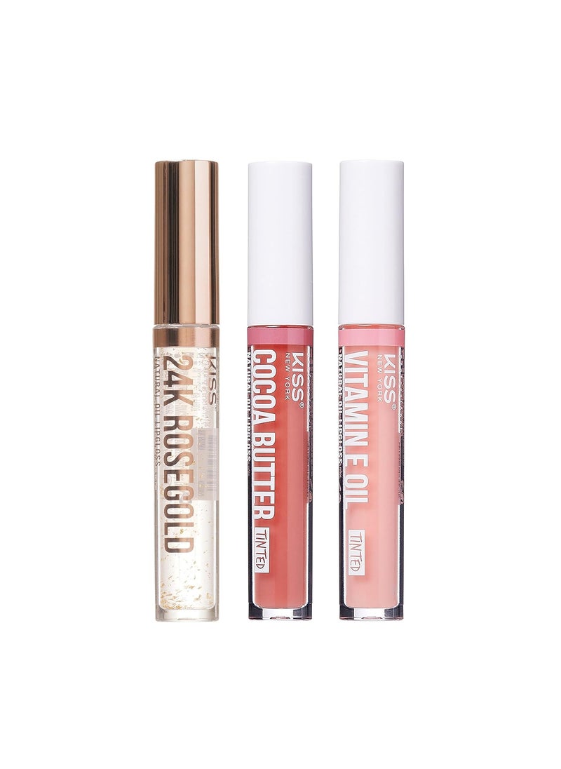 kiss new york - 3 PACK Lip Oil Gloss Hydrating NonSticky Lip Oil 100 Natural Oil Lightweight Moisturizing Nourishing Rosegold  Cocoa Butter  Vitamin E - Image 1