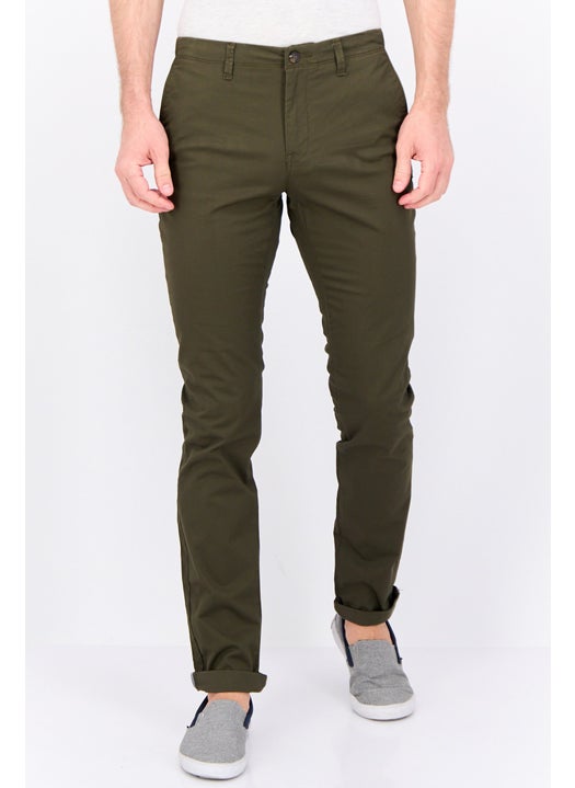 Men Slim Fit Solid Stretchable Chino Pants, Army Green