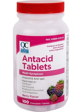 Quality Choice Quality Choice, Antacid & Anti-Gas Tablets, Multi-Symptom Relief of Heartburn, Gas Pressure, Bloating & Discomfort, Acid Indigestion, Berry Flavored Chewable Tablets in 100 Count Bottles (1) 