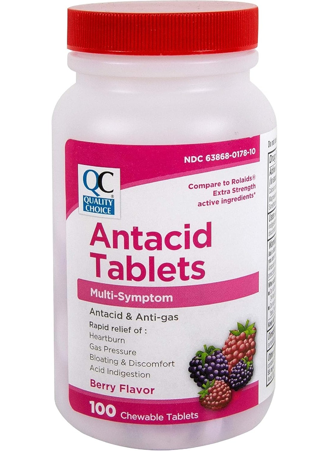 Quality Choice - Quality Choice, Antacid & Anti-Gas Tablets, Multi-Symptom Relief of Heartburn, Gas Pressure, Bloating & Discomfort, Acid Indigestion, Berry Flavored Chewable Tablets in 100 Count Bottles (1) - Image 1