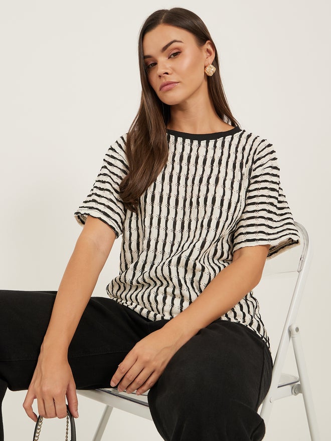 Styli Styli Textured Round Neck Short Sleeve T-Shirt  - Image 1