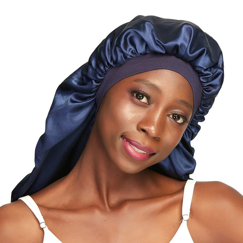 Awefeel Extra Large Satin Bonnet for Curly Hair Stay on All Night Navy - Image 4