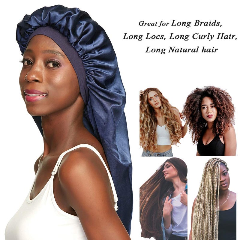 Awefeel Extra Large Satin Bonnet for Curly Hair Stay on All Night Navy - Image 2