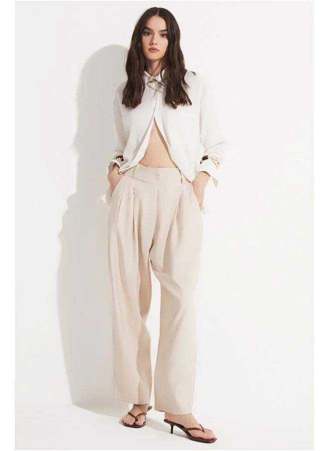 JUNE June Pleated Detailed Loose Trouser Stone