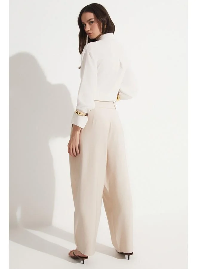 جون June Pleated Detailed Loose Trouser Stone