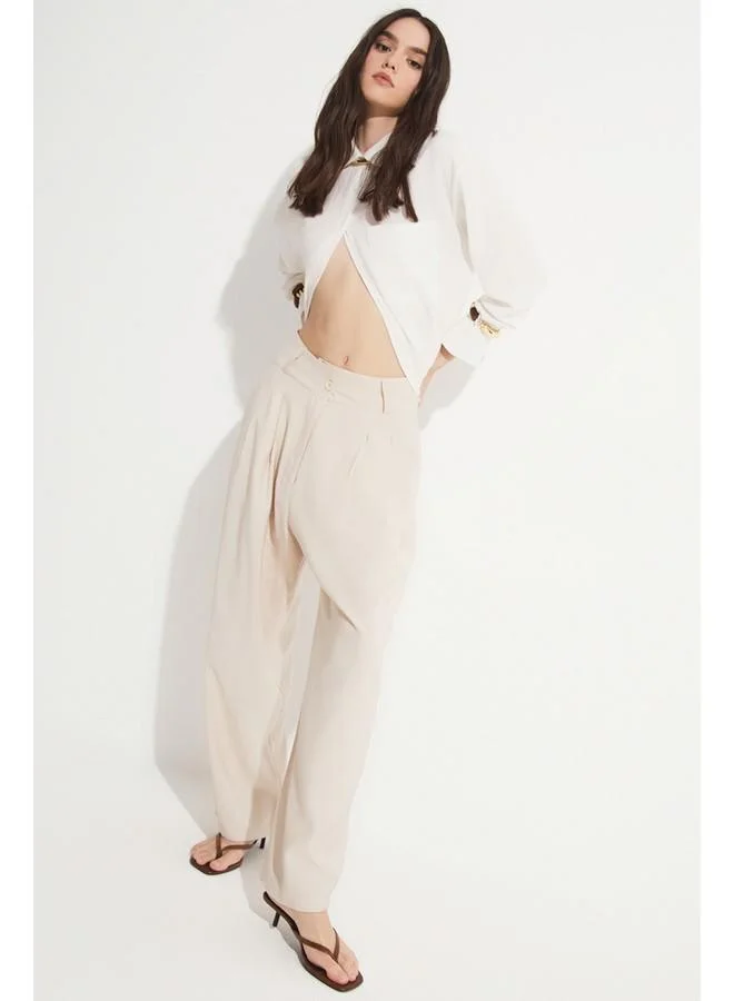 جون June Pleated Detailed Loose Trouser Stone