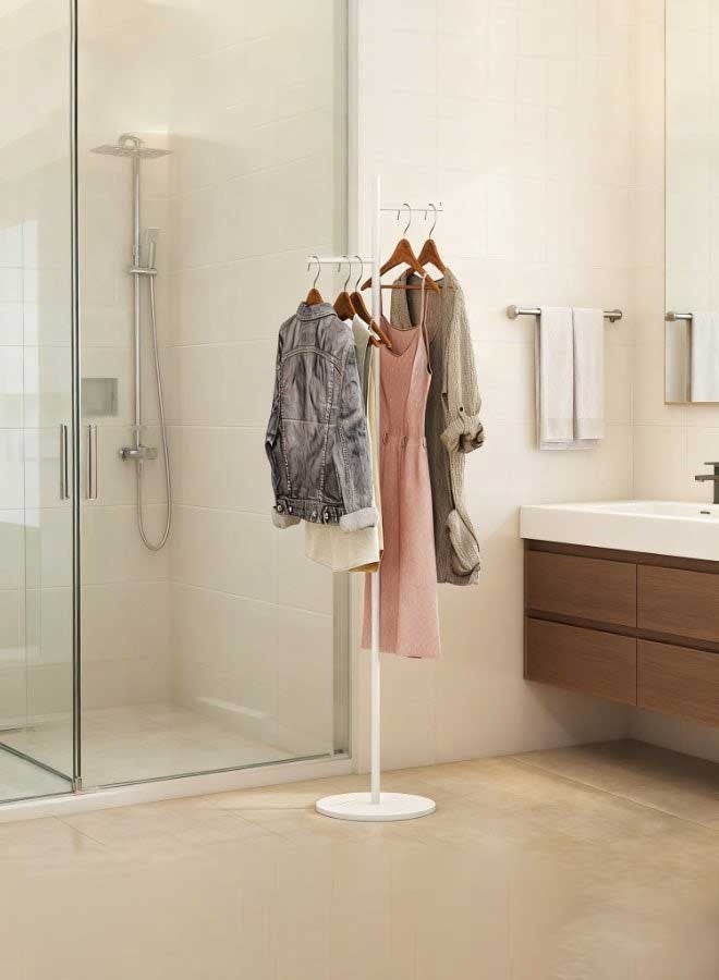 رَوَائِد علاقة معاطف بيضاء بقاعدة حجرية – حامل ملابس معدني قائم بذاته مع قضيب صغير للملابس، مناسب للمدخل أو الممر أو غرفة النوم - Image 2