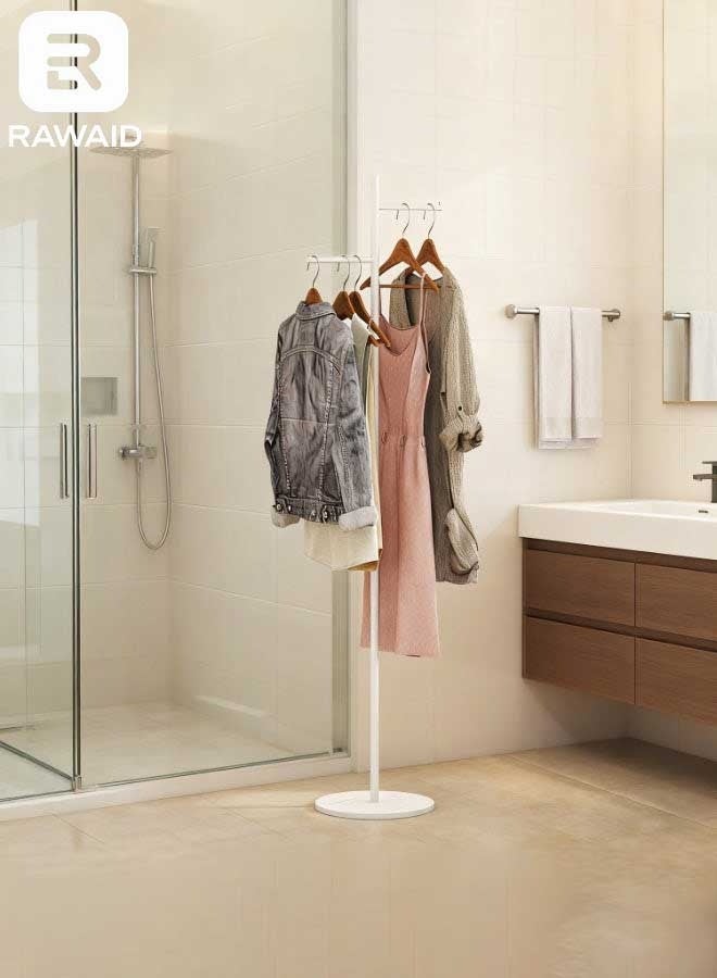 رَوَائِد علاقة معاطف بيضاء بقاعدة حجرية – حامل ملابس معدني قائم بذاته مع قضيب صغير للملابس، مناسب للمدخل أو الممر أو غرفة النوم - Image 1