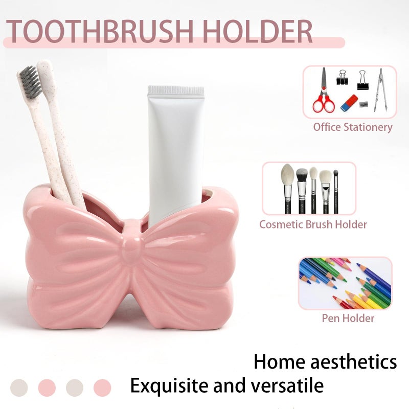 Deapeey Bow Toothbrush Holderï¼Œ 2-Slot Toothbrush and Toothpaste Holder Cute Toothbrush Holder Set, Bathroom Counter Organizer for Bathroomï¼ŒElectric Toothbrushes, Floss, Razors - Pink - Image 4