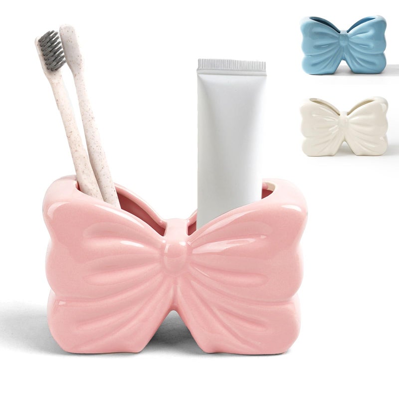 Deapeey Bow Toothbrush Holderï¼Œ 2-Slot Toothbrush and Toothpaste Holder Cute Toothbrush Holder Set, Bathroom Counter Organizer for Bathroomï¼ŒElectric Toothbrushes, Floss, Razors - Pink - Image 1