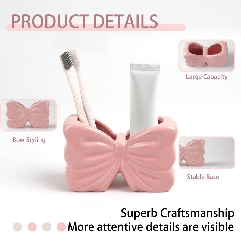Deapeey Bow Toothbrush Holderï¼Œ 2-Slot Toothbrush and Toothpaste Holder Cute Toothbrush Holder Set, Bathroom Counter Organizer for Bathroomï¼ŒElectric Toothbrushes, Floss, Razors - Pink - Image 2