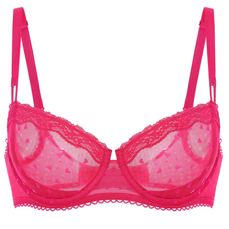 DOBREVA Women's Sexy Lace Bra Underwire Balconette Unlined Demi Sheer See Through Plus Size Bright Rose Dots 32B - Image 2