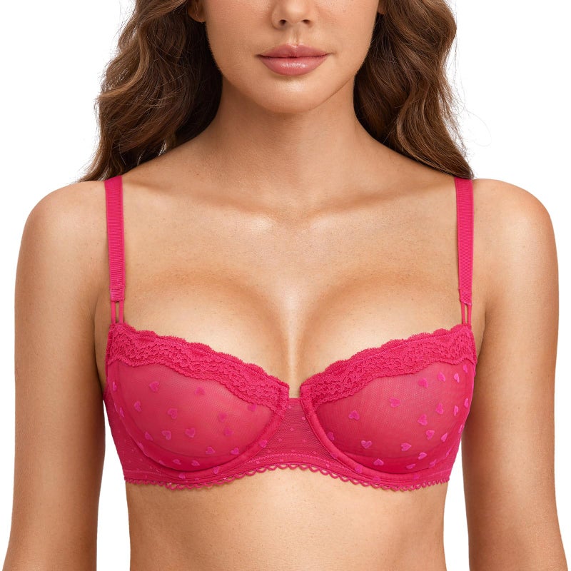 DOBREVA Women's Sexy Lace Bra Underwire Balconette Unlined Demi Sheer See Through Plus Size Bright Rose Dots 32B - Image 1