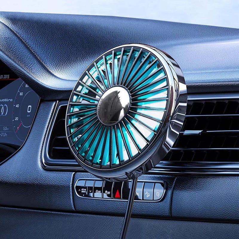 DICMKY USB Car Fan with Colorful Light, 360° Rotating Clip, Quiet Operation for Cars & Trucks - Image 1