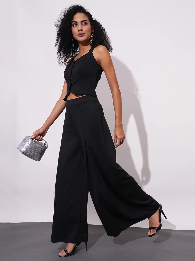 globus Women Mid-Rise Relaxed Fit Casual Flared Wide Leg Casual Treggings