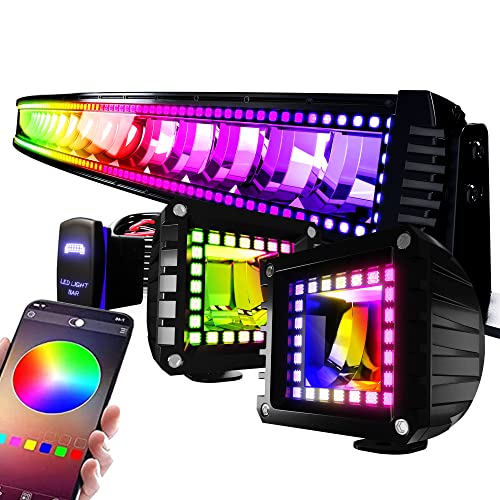 Feelon شريط إضاءة LED منحني RGB بحجم 52 بوصة مع 2X 4 بوصة وحدات إضاءة LED مع هالة RGB متتابعة و 16 لون صلب لمصابيح الضباب للقيادة على الطرق الوعرة مع مجموعة أسلاك التبديل - Image 1