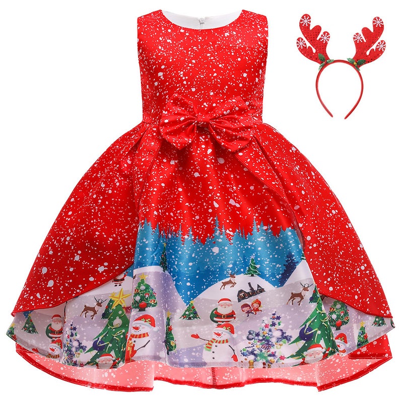Girls Christmas Dress Christmas Dress Party Costume Childrens Cos Santa Claus Costume Princess Dress SD063-Red (with headband)