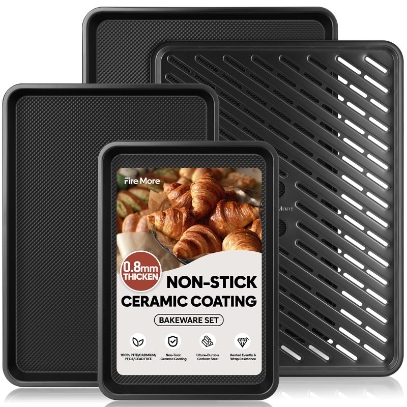 Fire More Cookie Sheets for Baking with Cooling Rack Set of 4, 0.8mm Thick Heavy Duty Nonstick Baking Sheets for Air Fryer, Half/Quarter/Jelly Roll Pans for Oven, Oven Trays with Diamond Texture - Image 1