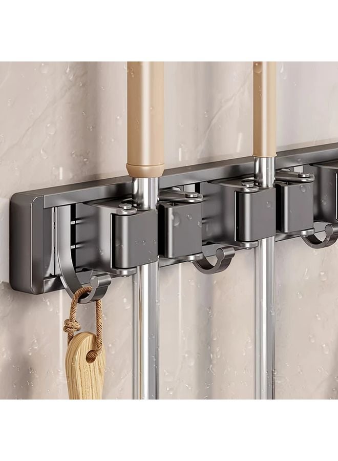 حامل مكنسة معدني متين للحائط مع 3 خطاطيف ومشبكين باللون الرمادي - Image 3