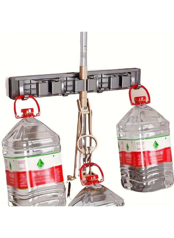 حامل مكنسة معدني متين للحائط مع 3 خطاطيف ومشبكين باللون الرمادي - Image 4